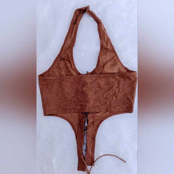 Chocolate snake faux suede dip hem lace up halterneck - Picture 5 of 8
